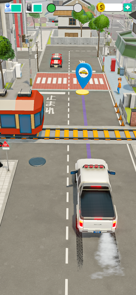 Pick me up 3D: Taxi Simulator - Gameplay screenshot of Pick Me Up 3D Taxi Simulator showing a white vehicle approaching a train crossing in a city environment.