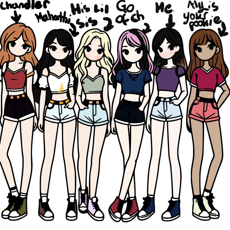 a group of girls wearing crop tops and shorts