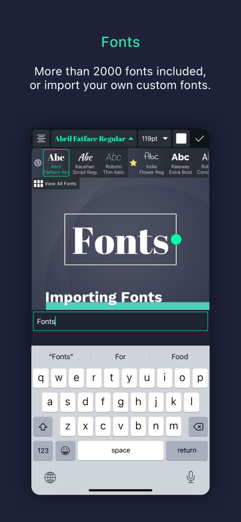 Tela do Alight Motion mostrando o menu de seleção de fontes com opções de importação personalizadas e teclado na tela.