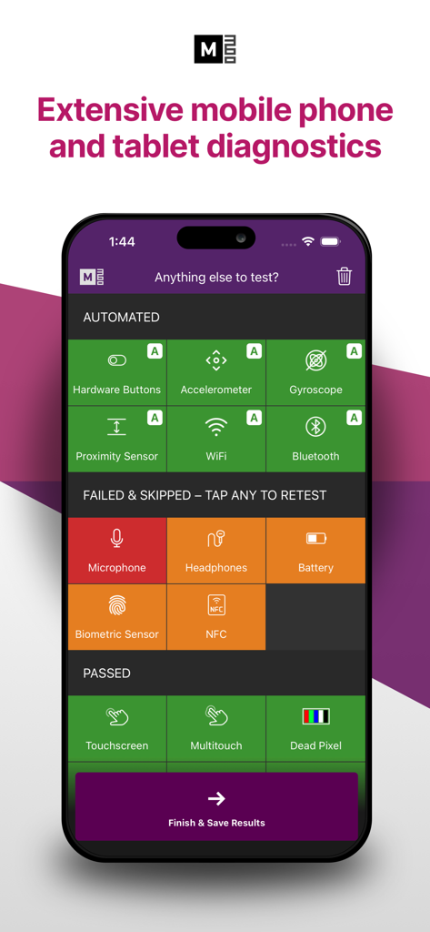 Écran de l'application M360 Diagnostics montrant les résultats des tests matériels automatisés pour les capteurs et les composants d'un téléphone mobile