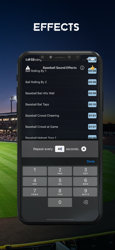 Smartphone display showing the Baseball Sound Effects app with a list of baseball sound clips and a repeat timer setting.
