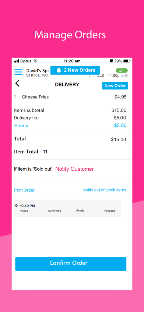 KRAVEiN Partner - Interface of KRAVEiN Partner app showing a detailed delivery order for a restaurant with a confirm order button