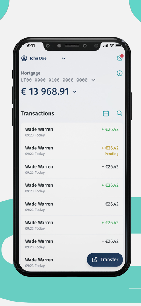 Verifo - Transaction history and account balance screen in the Verifo mobile app.