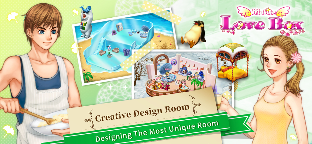 戀愛盒子M - Mobile Love Box M game interface showing creative room design features with anime characters