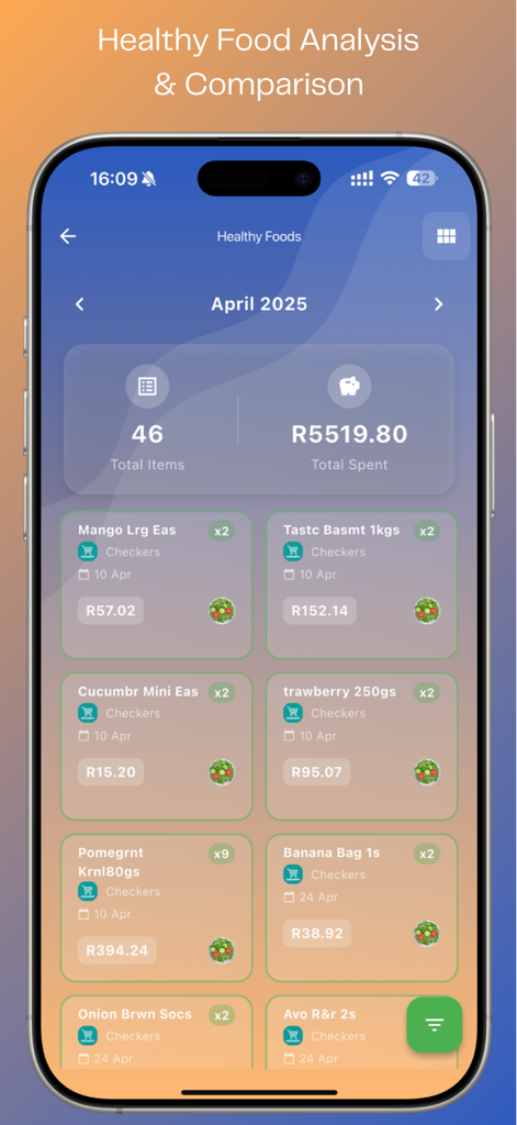 Snap N Track - Interfaz de la aplicación Snap N Track que muestra un informe mensual de gastos en alimentos saludables y compras de comestibles detalladas.