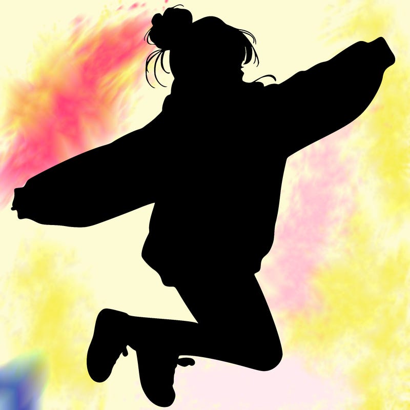 realistic girl jumping with a bun and oversized sweatshirt
