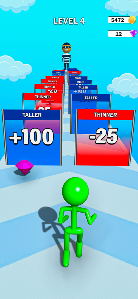 Big Man: Run & Rise - Un personaje stickman verde corriendo hacia puertas de crecimiento matemático en un juego de carreras hipercasual.