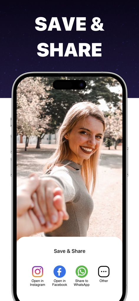 Boomerang - Video Maker - Save and share options in the Boomerang app with buttons for Instagram, Facebook, and WhatsApp