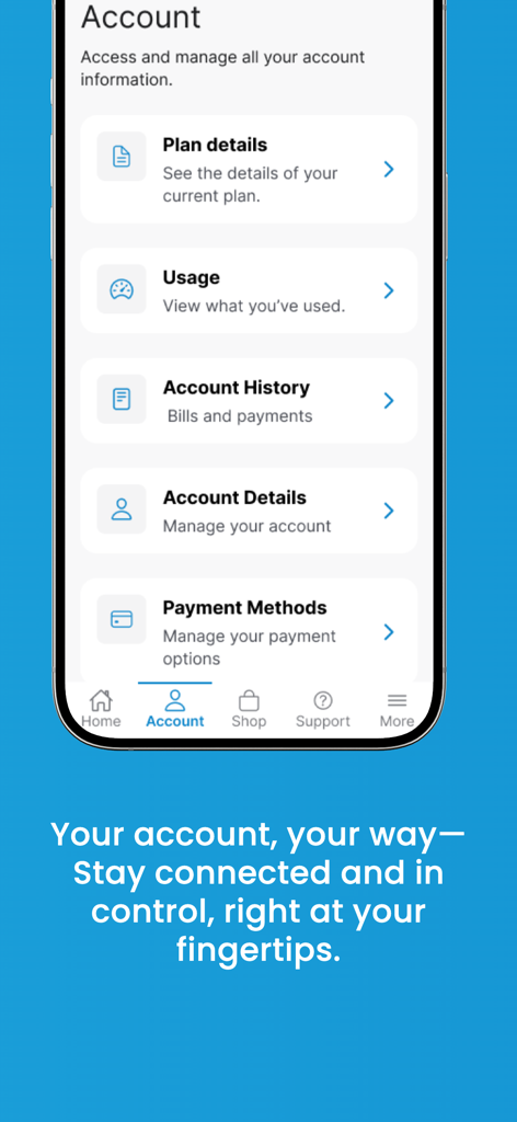 My Flow Self Care app interface showing the account management screen with options for plan details usage and payment methods