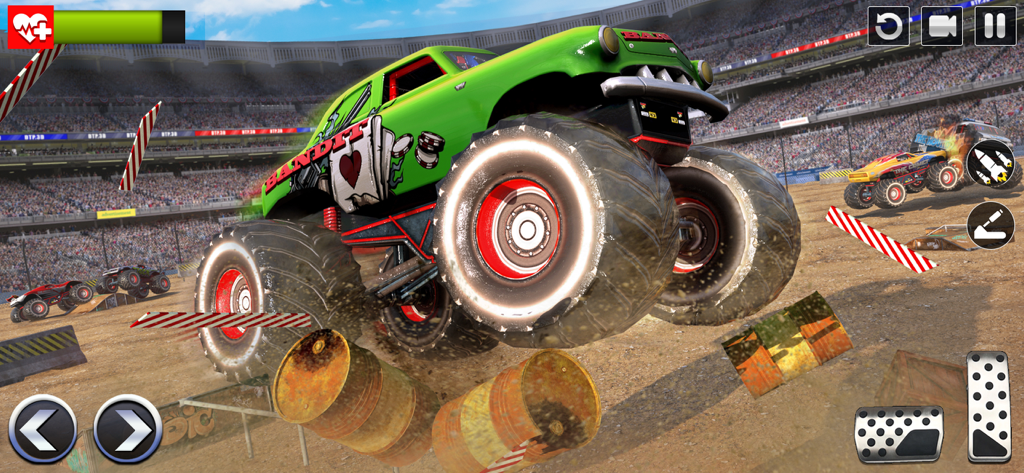 Monster Truck Games: 4x4 Stunt - A green monster truck performing a stunt jump over barrels in a crowded arena.