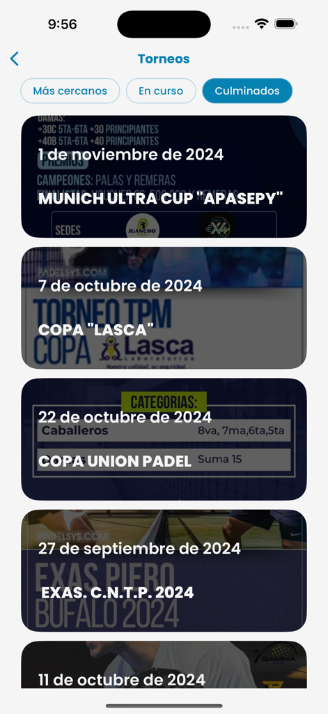 Padelsys - Mobile app interface displaying a list of past padel tournaments with dates and titles