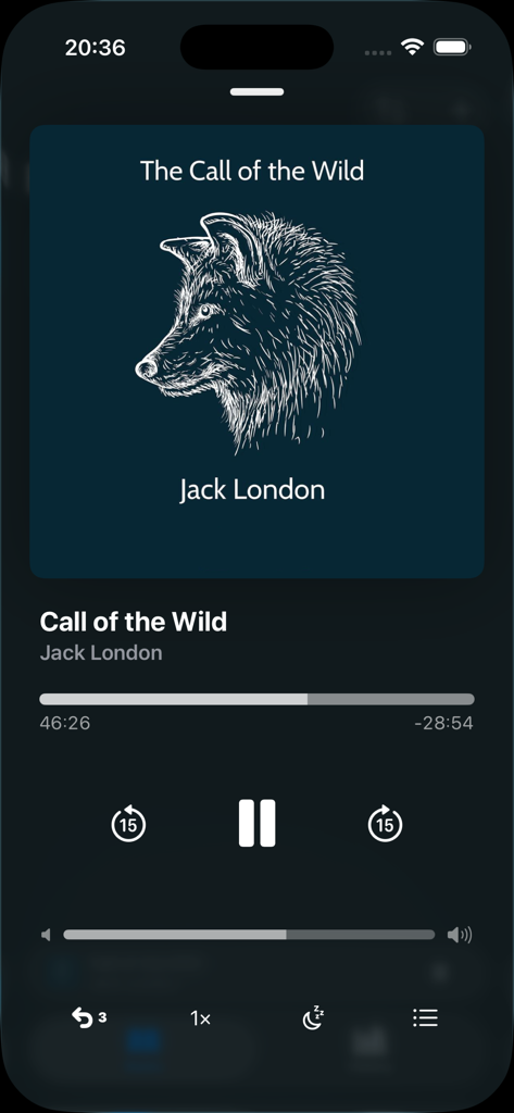 AudioBooks - MP3 & M4B player - Interface de l'application de lecture AudioBooks montrant les commandes de lecture et la fonction d'annulation de recherche pour un livre de Jack London