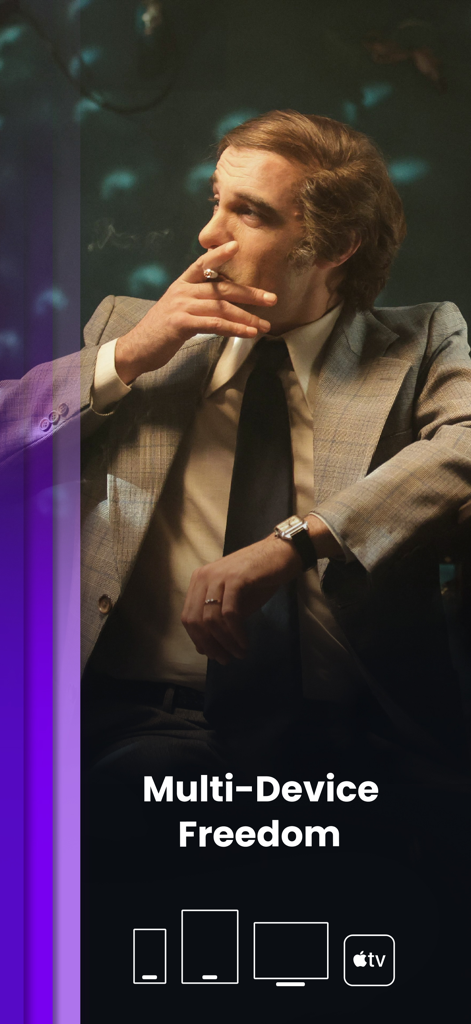 Kinodaran - Promotional screen for the Kinodaran app featuring a cinematic image and icons for phone, tablet, and Apple TV support