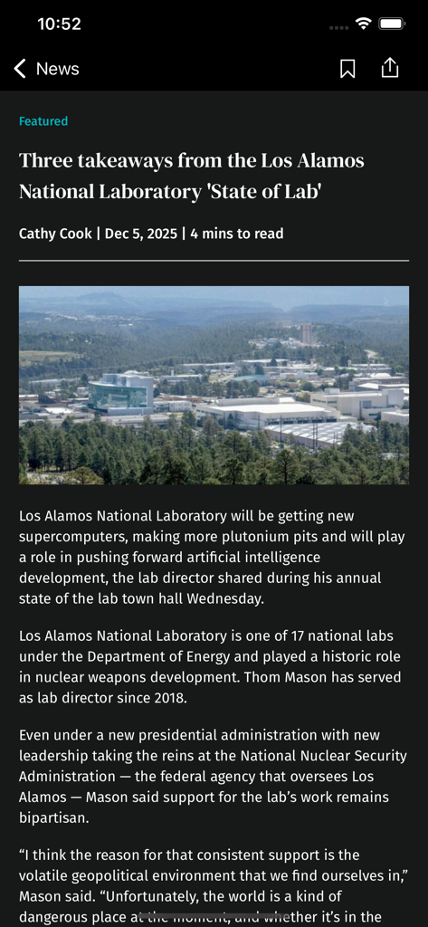 Albuquerque Journal Newspaper - Mobile app interface displaying a news article about the Los Alamos National Laboratory.
