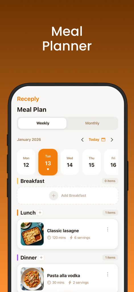 Recipes & Meal Plan - Receply - Interfaz del planificador de comidas semanal en la aplicación Receply que muestra recetas programadas para el almuerzo y la cena.