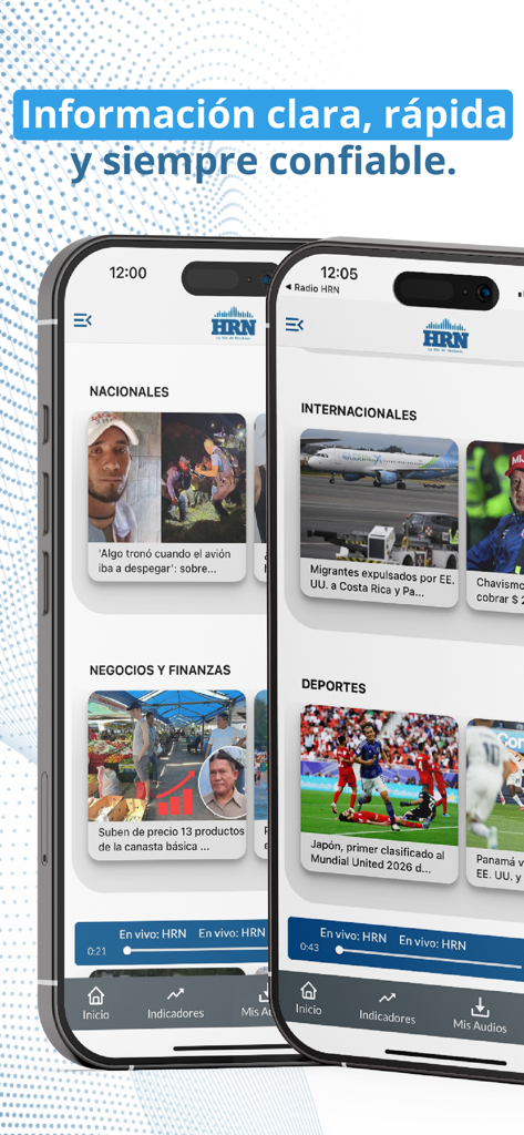 Interfaz de la aplicación Radio HRN mostrando categorías de noticias y reproductor de radio en vivo