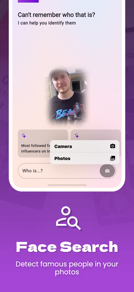 WhoDat app interface displaying the Face Search feature to identify celebrities from photos and camera