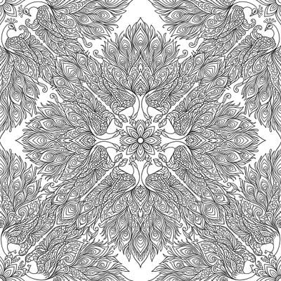 Dive into the serene world of Peacock Mandalas with this exquisitely detailed coloring page. Its intricate design, featuring elegant peacocks and symmetrical patterns, offers a captivating artistic escape.