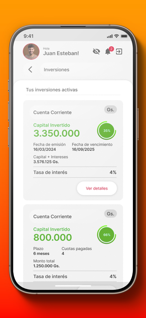 Solar Banco - Mobile screen of Solar Banco app showing active investments and account details in Guaranies