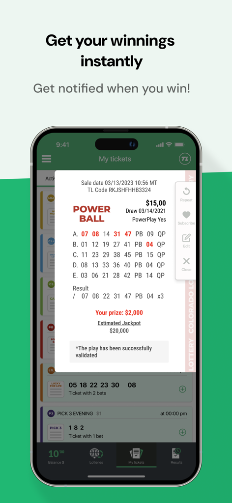 A mobile phone screen showing a winning Powerball ticket with a two thousand dollar prize on the TuLotero app