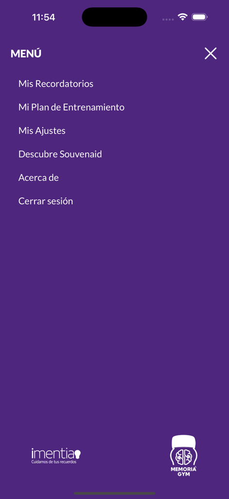 MemorIA GYM - Navigation menu of the MemorIA GYM app showing options for training plan, reminders, and settings on a purple background.
