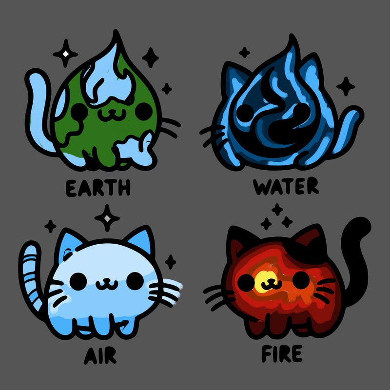 4 cats that represent the different elements, earth, water, air, and fire