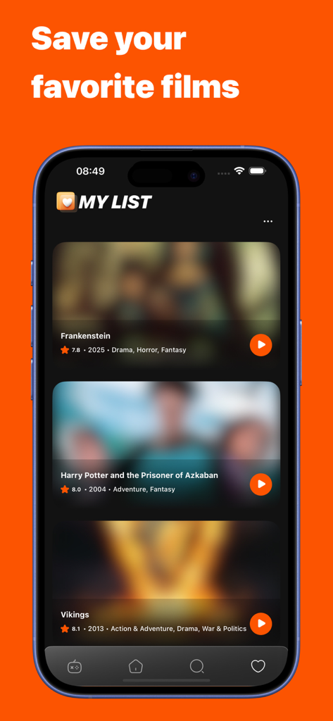 Cineby app My List screen showing a personal watchlist of saved movies and TV shows.