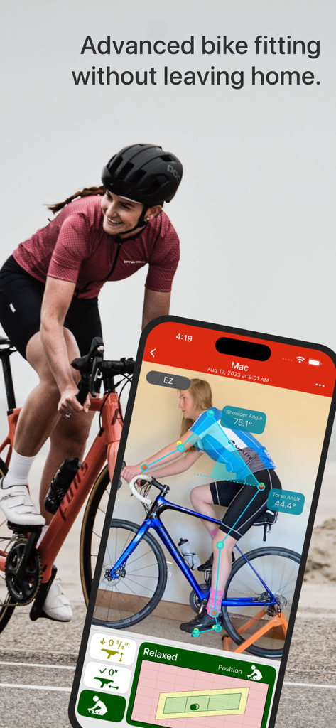 A smartphone displaying the Bike Fast Fit Elite app with digital body angle measurements for bike fitting.