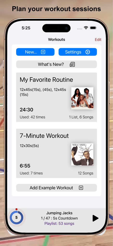 MC-Timer - A mobile app interface displaying a list of custom workout routines with music album art and timing details