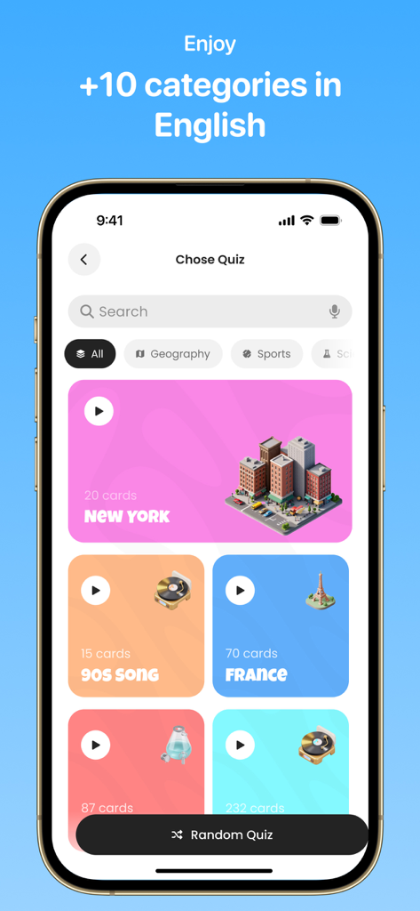 Dato: Trivia Brain Quiz Games - Una pantalla móvil que muestra el menú de selección de concursos de la aplicación de trivia Dato con categorías como Nueva York, canciones de los 90 y Francia.