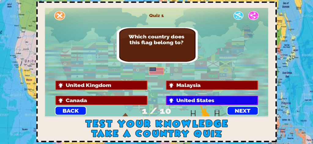 World Map Quiz Geography Games - A screenshot of a geography quiz game for kids showing a flag identification question for the United States.