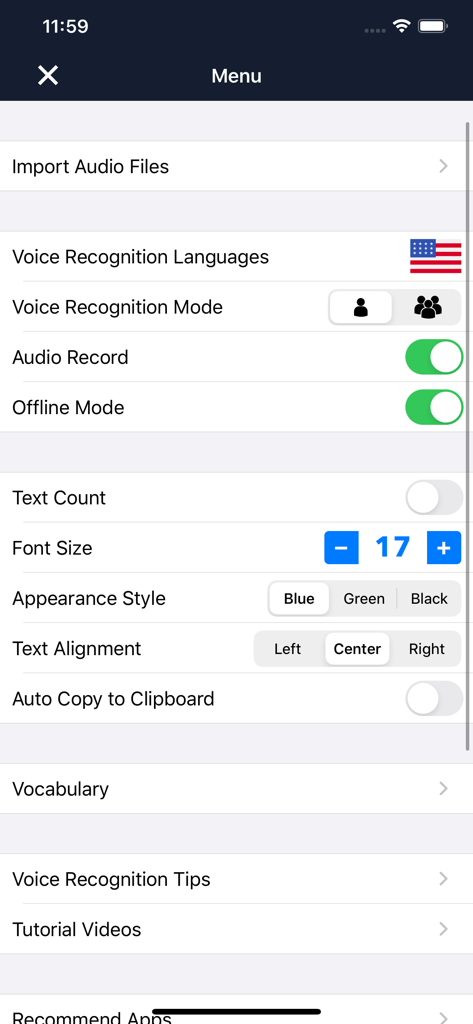 Voice Dictation - Speechy Lite - Speechy Liteアプリの設定メニュー。音声認識と音声録音オプションを表示。