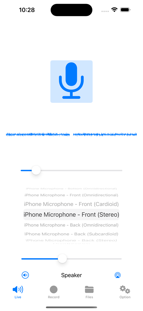Stereo Microphone - Interface do aplicativo Microfone Estéreo mostrando seleção de fonte de entrada de áudio e configurações de gravação.