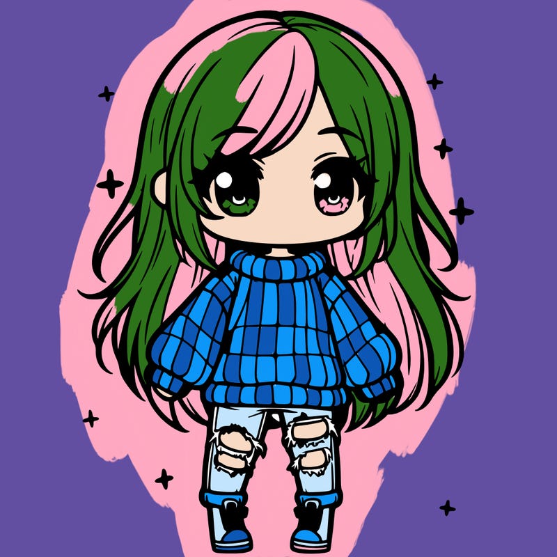 chibi girl with ripped jeans,long hair, and an oversized sweater