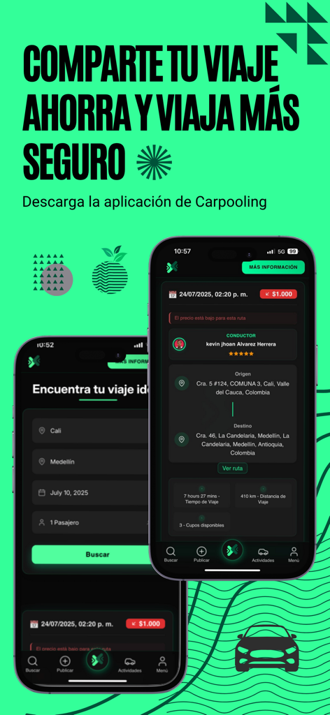 Interfaz de la aplicación de carpooling Cupo que muestra la búsqueda de viajes y los detalles de los viajes compartidos