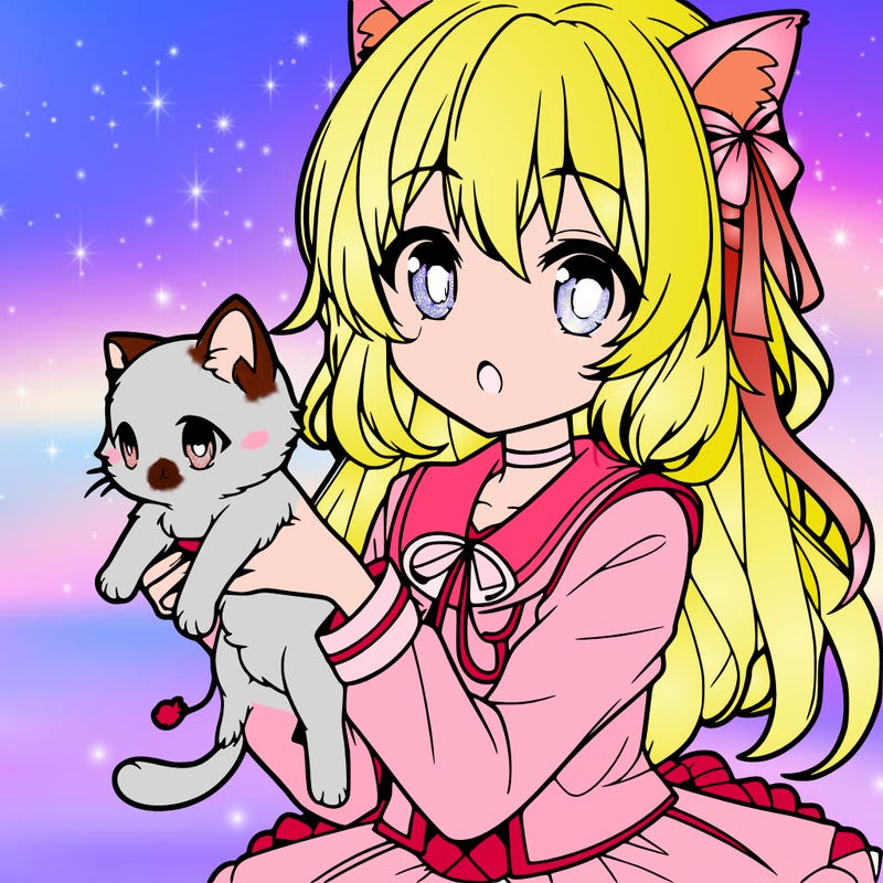 an anime girl holding a kitten