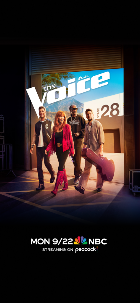 The Voice Official App on NBC - Pantalla promocional de The Voice en NBC con los coaches Michael Buble, Reba McEntire, Snoop Dogg y Niall Horan.