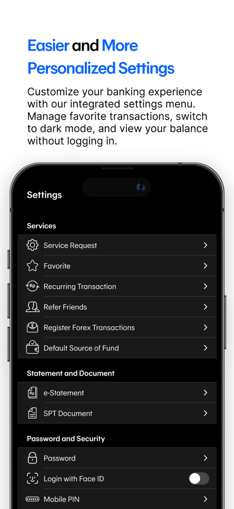 Permata ME - Permata ME app settings screen highlighting personalized banking features and security options in dark mode.