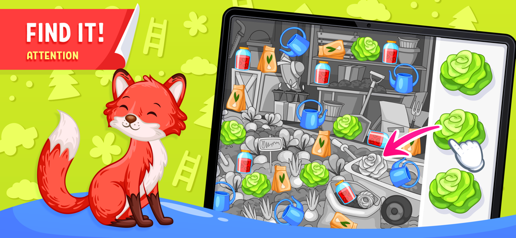 Preschool hidden object puzzle game for attention development with a cartoon fox and garden theme