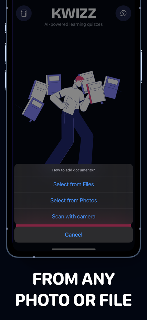Kwizz: AI Quiz Generator - Kwizz-App-Bildschirm mit Menüoptionen zum Hochladen von Dokumenten, Fotos oder zum Scannen handschriftlicher Notizen für die KI-Quiz-Erstellung