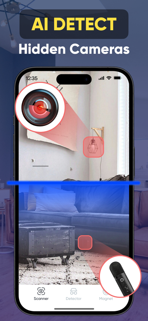 Spy Camera Scanner - SpyGuard - SpyGuardアプリのインターフェース。部屋の隠しカメラのAI検出を表示