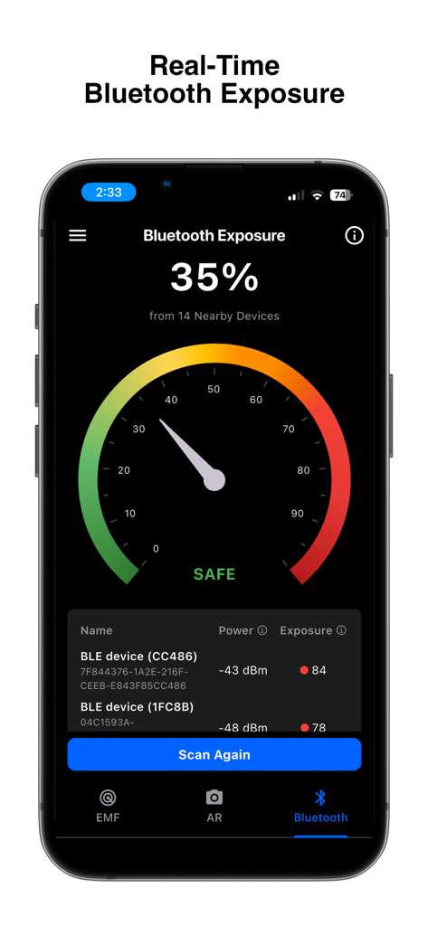 EMF Meter - Interfaz de la aplicación Medidor EMF mostrando niveles de exposición Bluetooth en tiempo real con un indicador codificado por colores y una lista de dispositivos cercanos