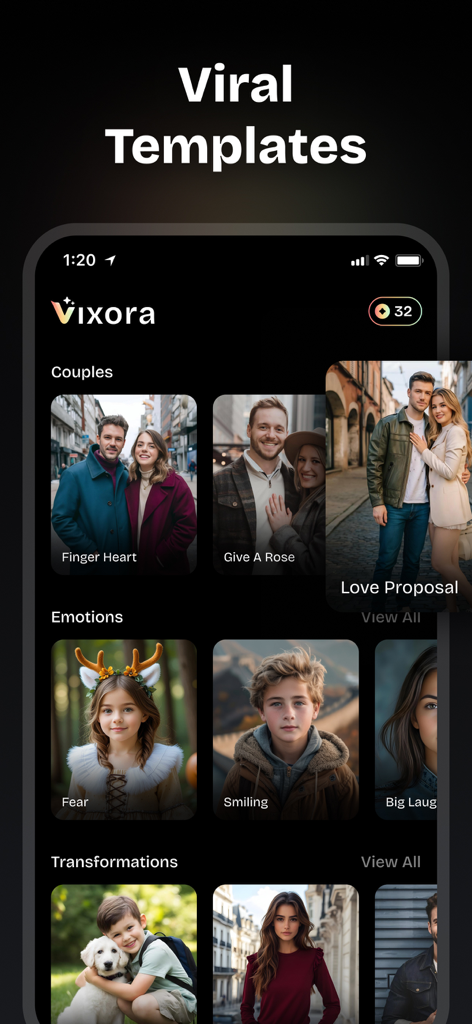 Text To Video AI - Vixora - The Vixora app interface featuring categories of viral AI video templates including Couples and Emotions.