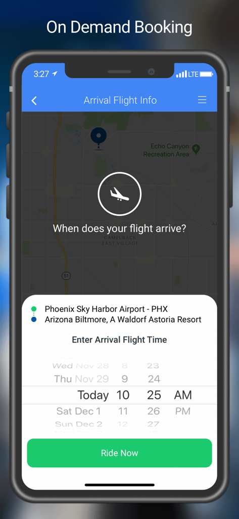 SuperShuttle - Pantalla de reserva de shuttle de aeropuerto a pedido que muestra información de llegada del vuelo y selección de hora.