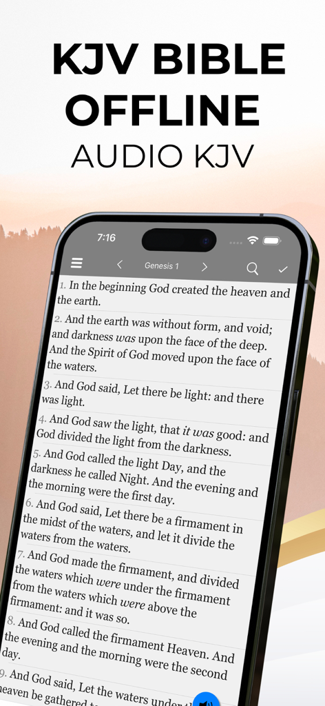 KJV Bible Offline - Audio KJV - Pantalla de iPhone mostrando el texto de la Biblia King James Version para Génesis 1
