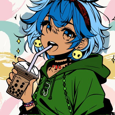 hot baddie anime girl drinking boba and biting the straw