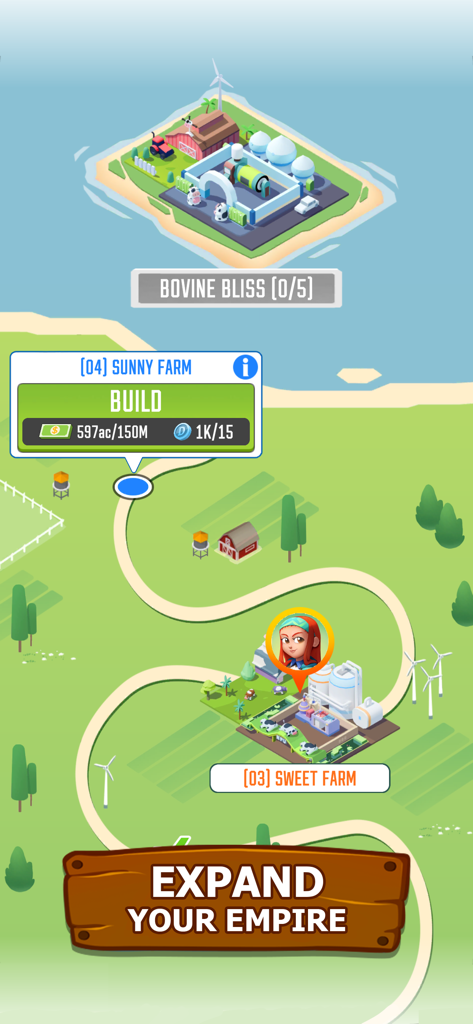 Milk Farm Tycoon - Map view of multiple farm locations in the Milk Farm Tycoon mobile game