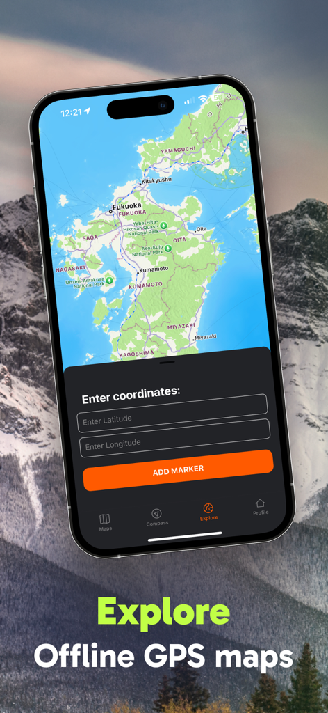 Smartphone displaying an offline GPS map with a menu to input latitude and longitude coordinates.