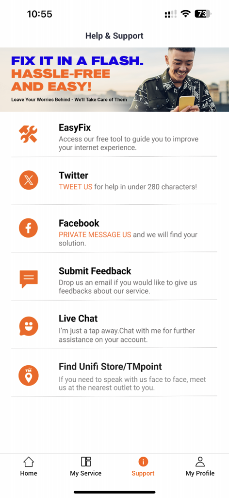 Unifi UniVerse - Help and support screen of the Unifi UniVerse app showing customer service contact options like Live Chat and social media links.