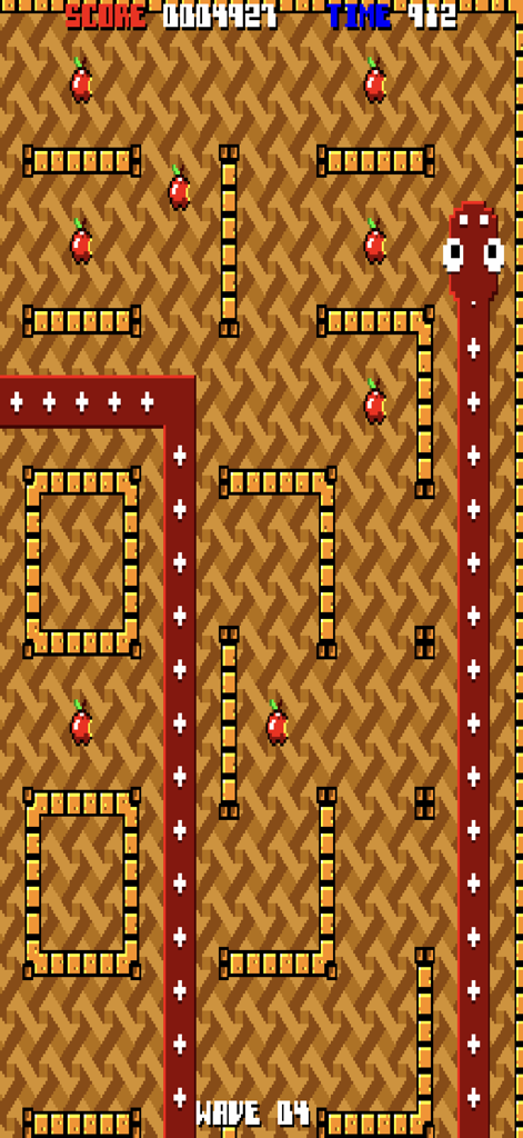 Jogabilidade de Nibbler Remake mostrando uma cobra vermelha navegando em um labirinto em pixel art retrô para coletar maçãs